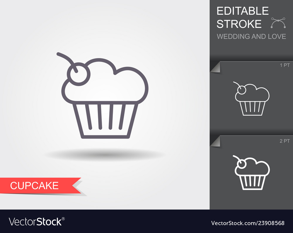 Cherry cupcake line icon with shadow and editable