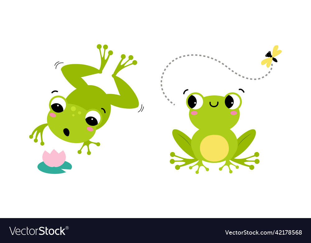 Cute little green baby frog jumping and catching Vector Image