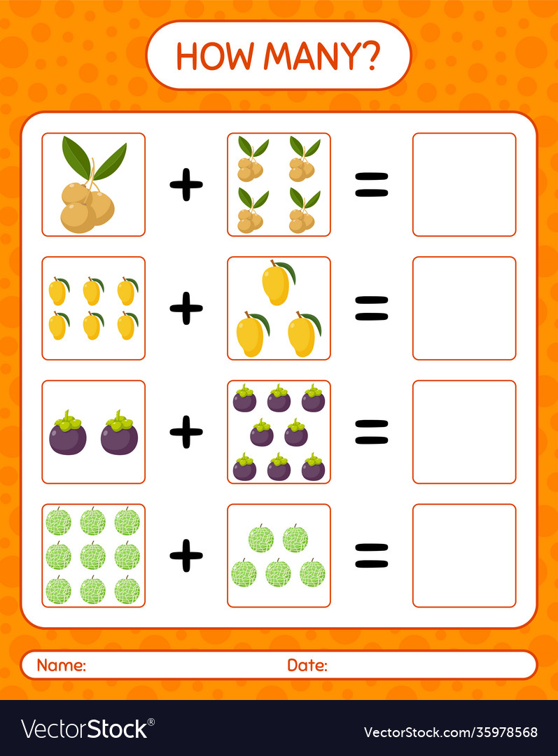 How many counting game with fruit worksheet vector image How many counting game with fruit worksheet