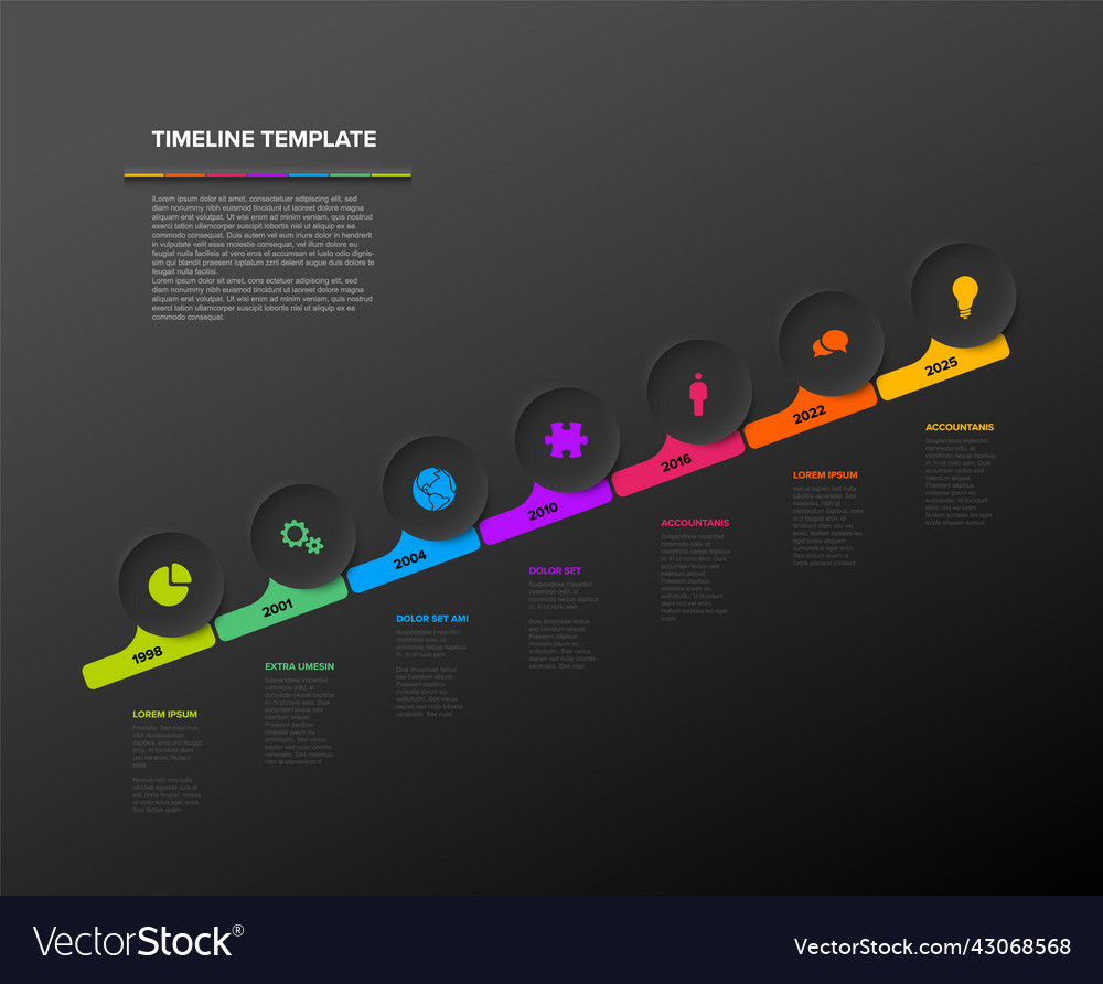 Seven circle dark diagonal steps simple timeline