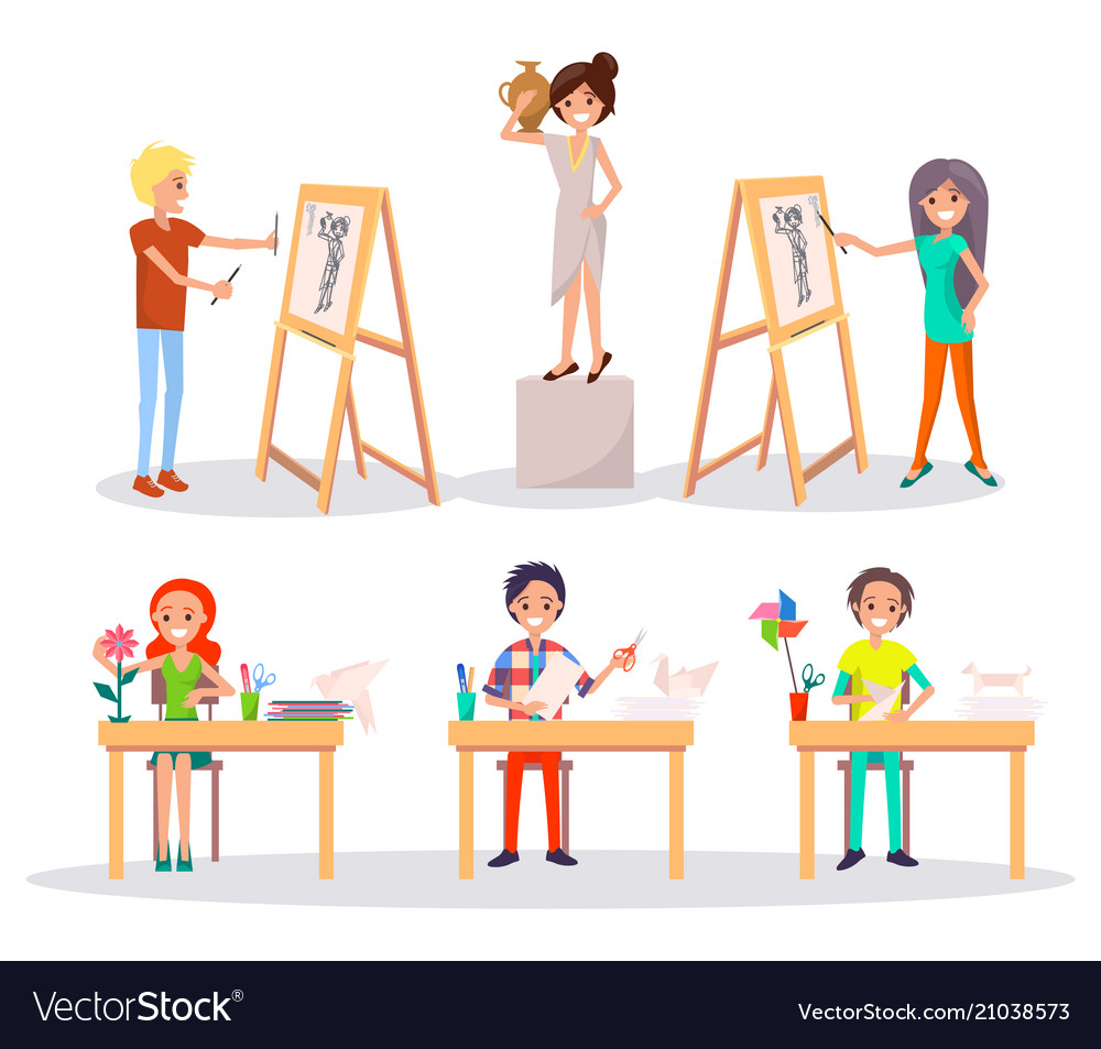 People draw still life picture woman with vase Vector Image