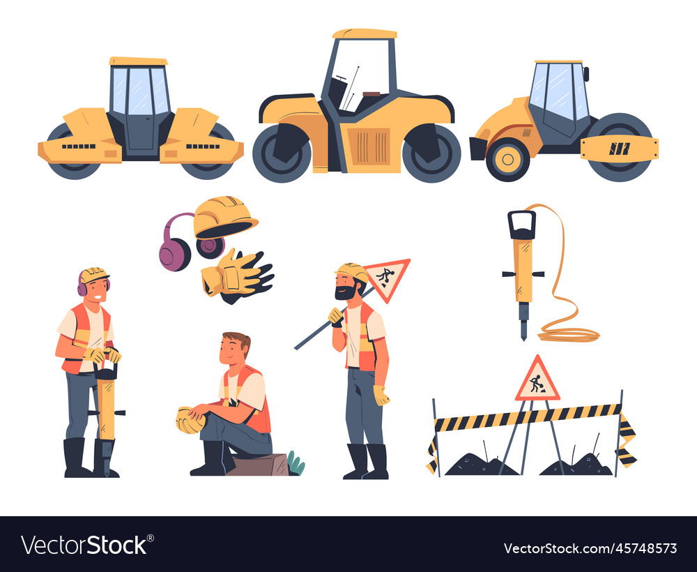 Road repair with workers in special uniform and Vector Image