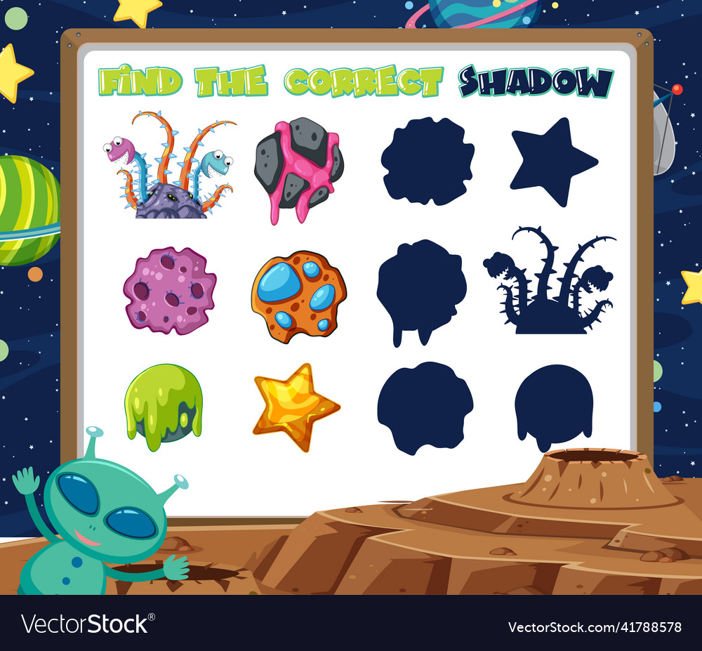 Find the correct shadow game template of space vector image Find the correct shadow game template of space