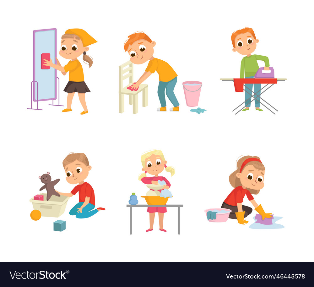 Little big-eyed boy and girl engaged in domestic Vector Image