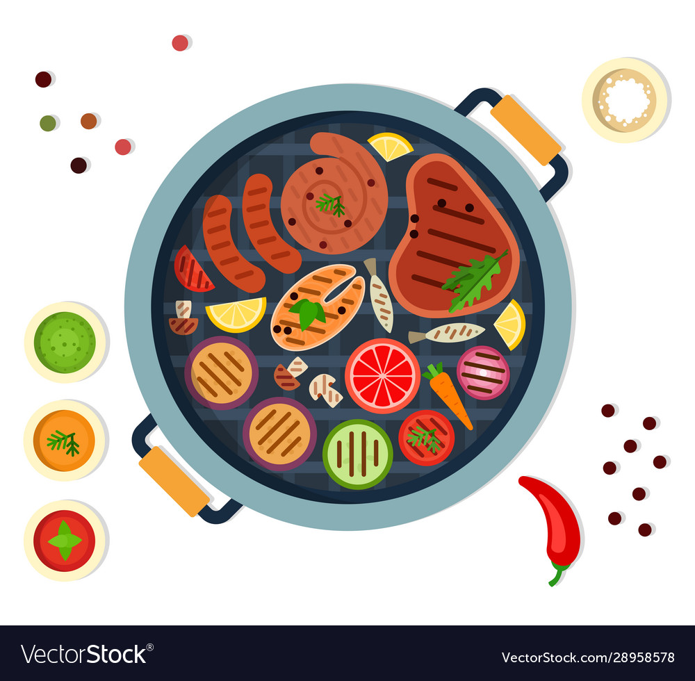 Sausages steaks fish slices zucchini Royalty Free Vector