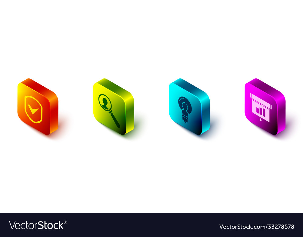 Set isometric shield with check mark magnifying vector image Set isometric shield with check mark magnifying