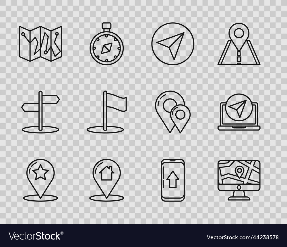 Set line map pointer with star monitor and folded vector image Set line map pointer with star monitor and folded