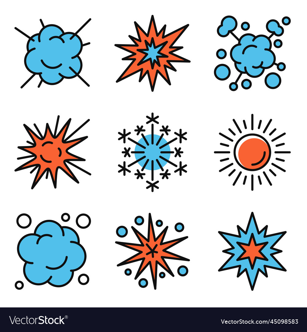 Explosion fireworks and boom icons set on white vector image Explosion fireworks and boom icons set on white
