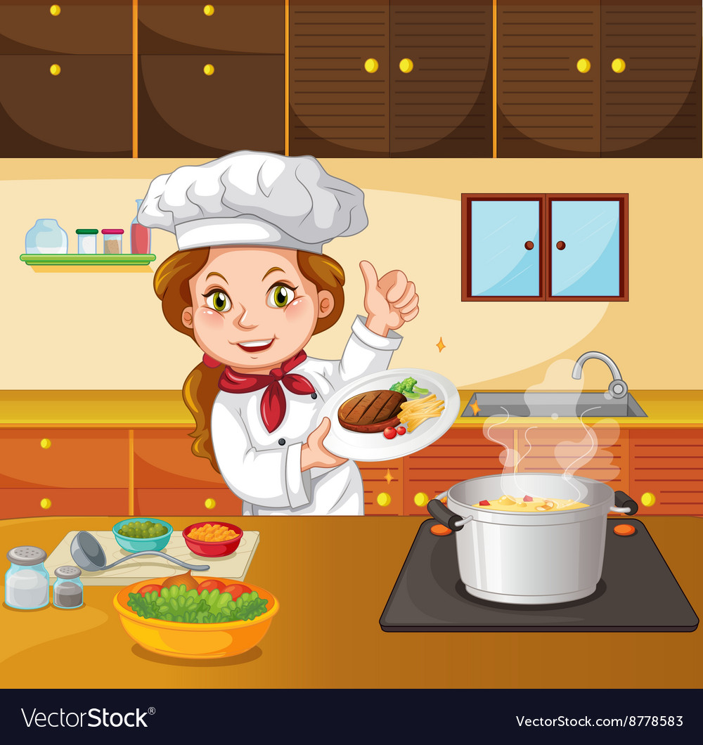 Female Chef Cooking In Kitchen Royalty Free Vector Image