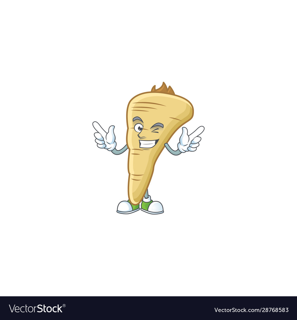 Funny parsnip cartoon character style with wink