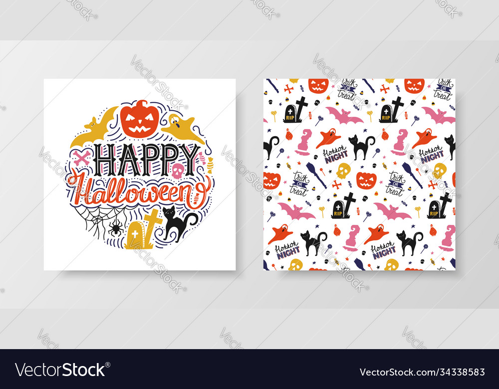 Happy halloween with lettering and seamless vector image Happy halloween with lettering and seamless