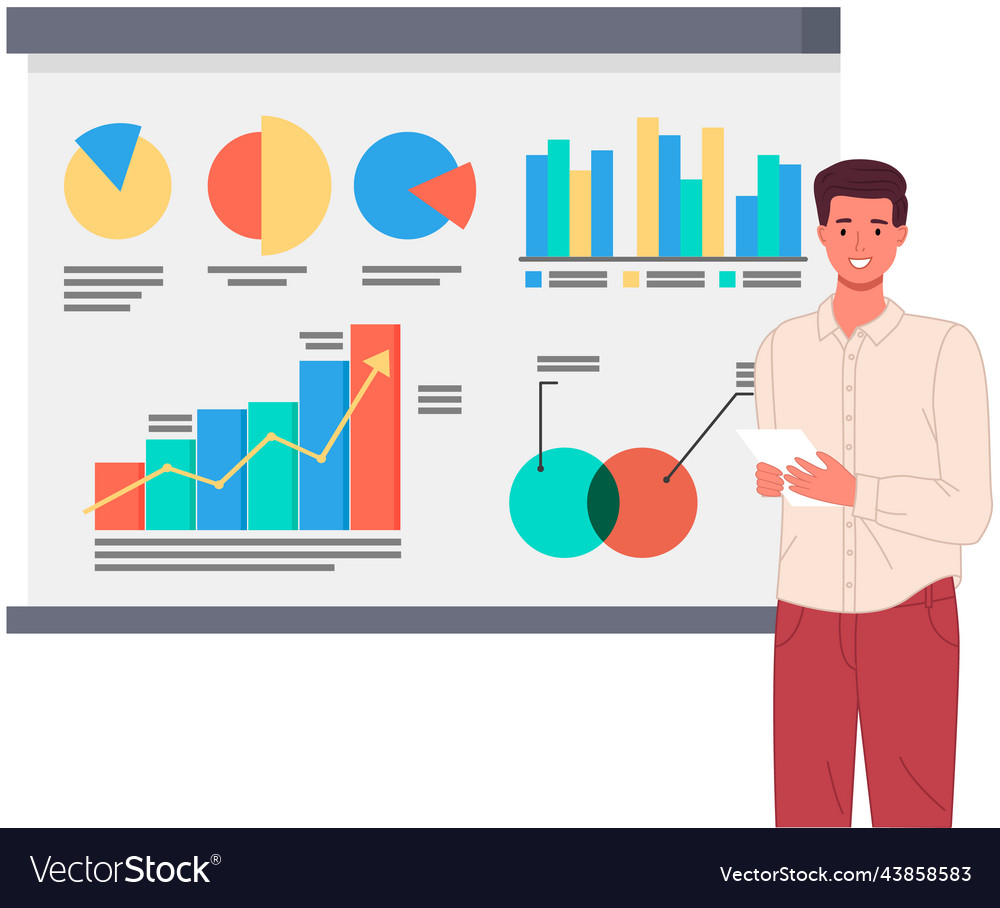 Man analyses digital report with data statistical vector image Man analyses digital report with data statistical