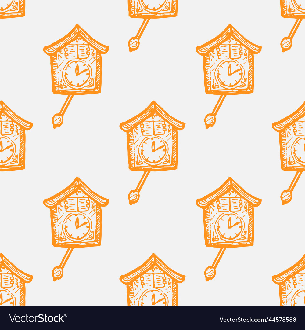 Cuckoo clock seamless pattern on white background vector image Cuckoo clock seamless pattern on white background