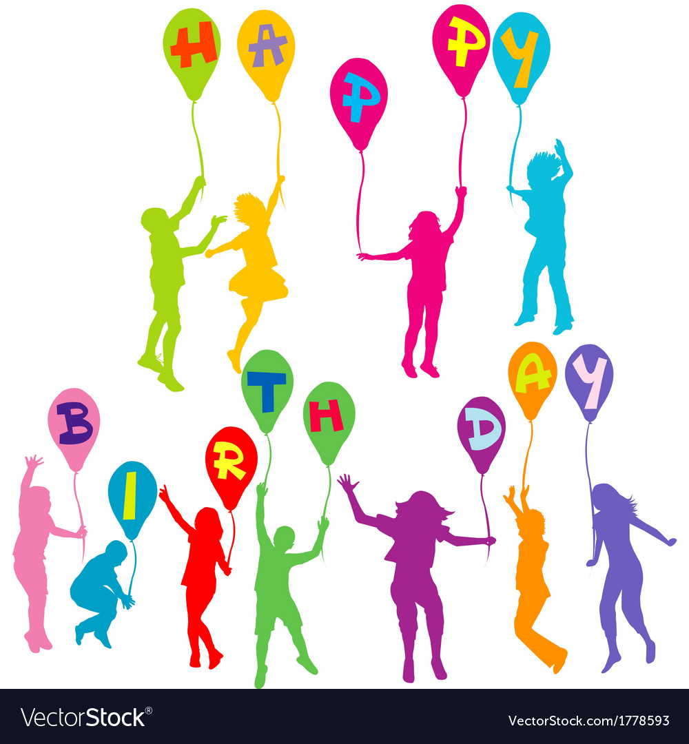 happy birthday message with children silhouettes vector image