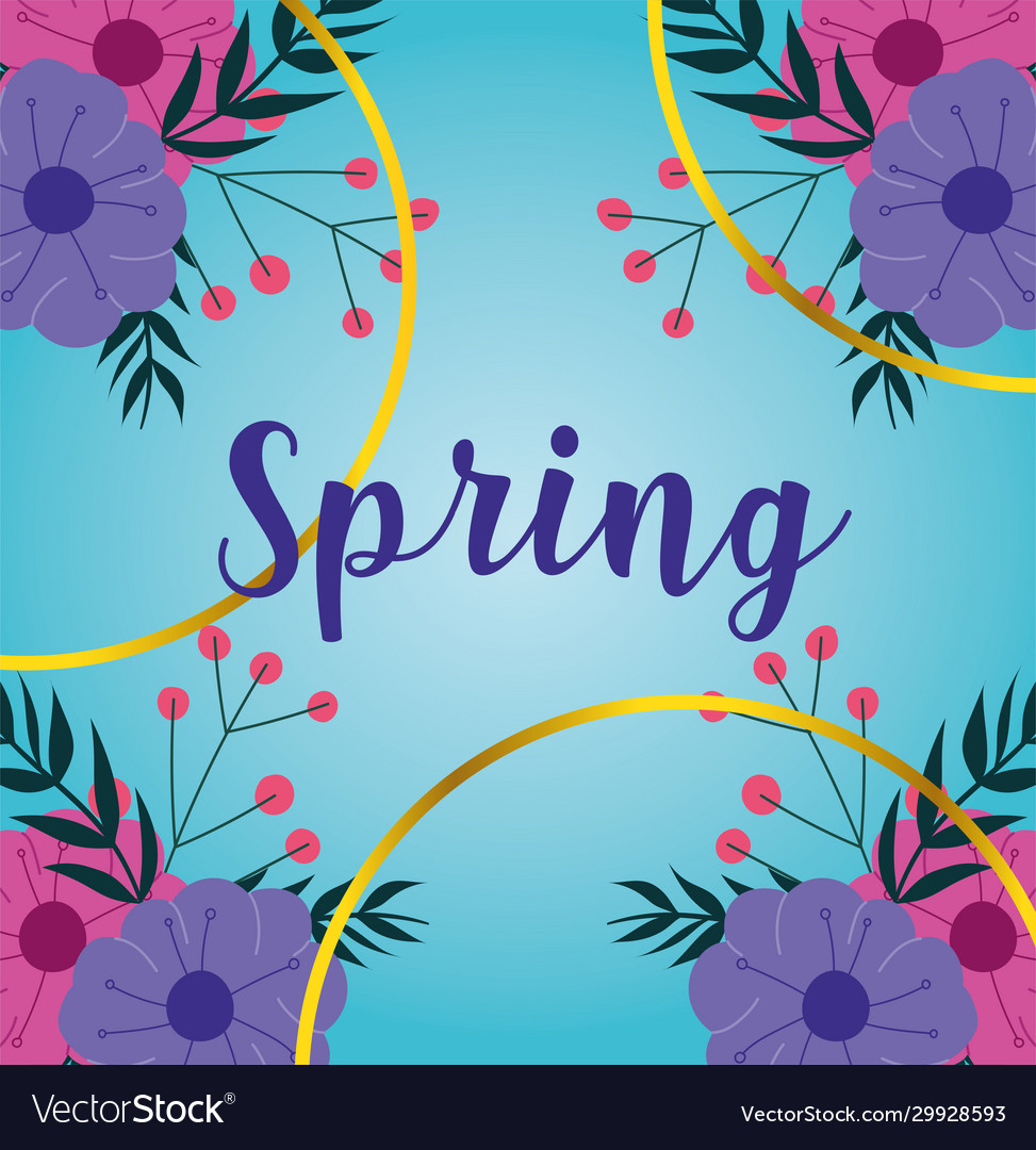 Hello spring lettering flowers season ribbon blue