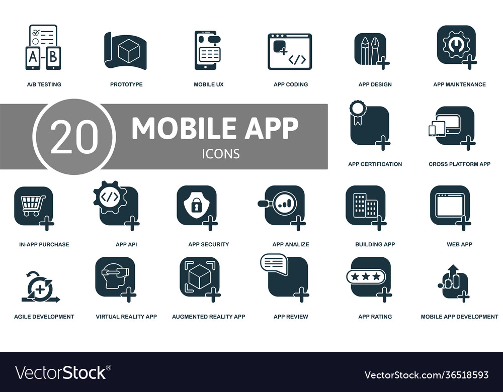 Mobile app development icon set contains editable