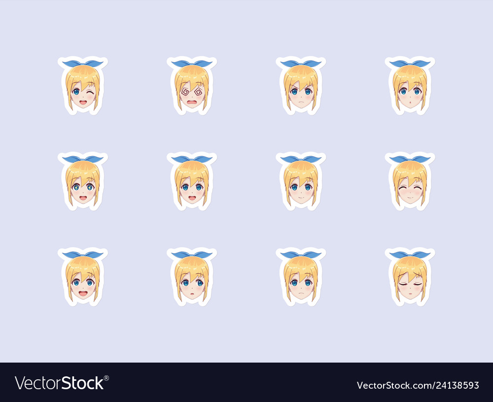 Set von emotionalen Aufkleber Kopf anime manga Mädchen Vector Image Set von emotionalen Aufkleber Kopf anime manga Mädchen