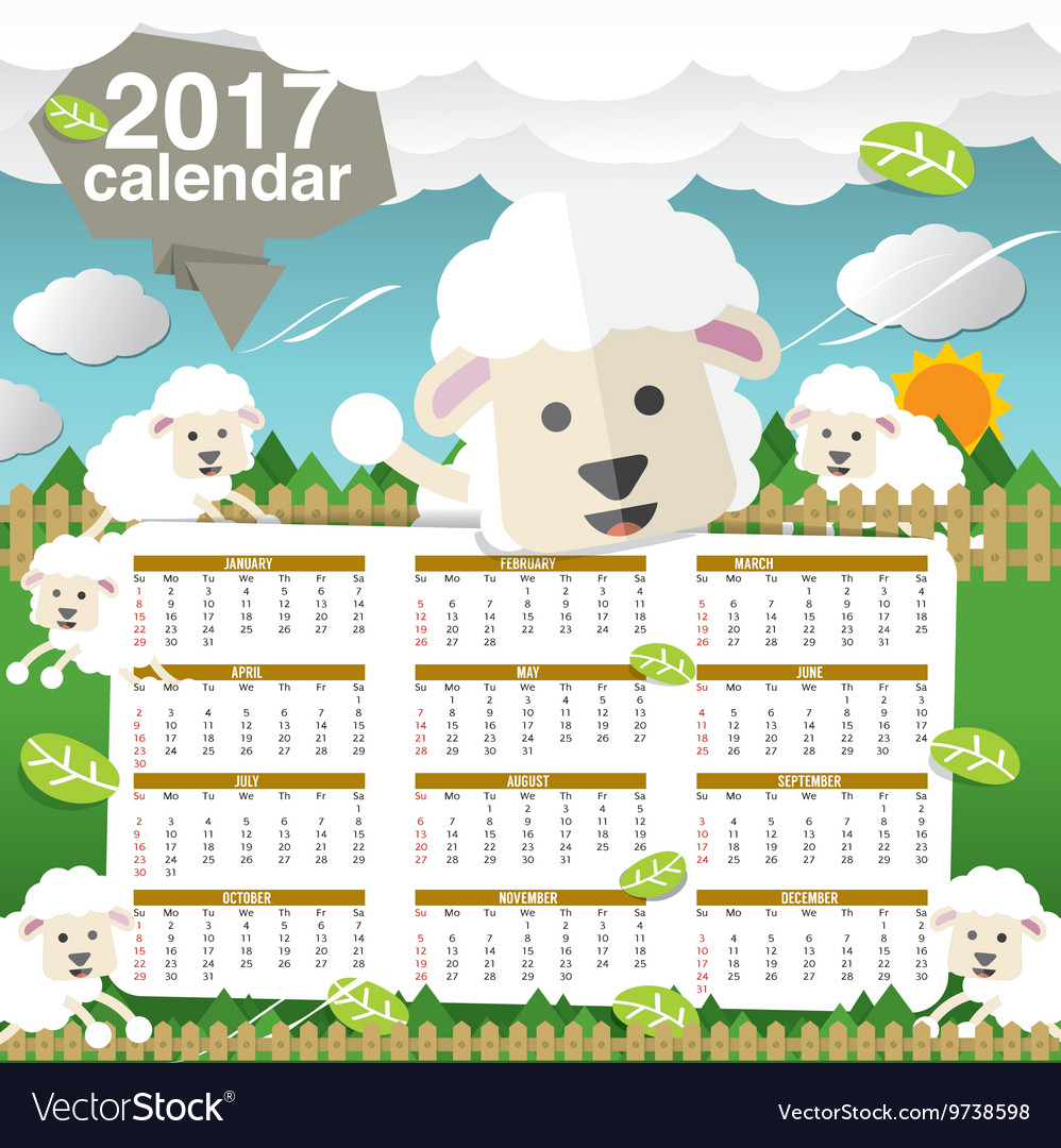 2017 printable calendar starts sunday cute sheep
