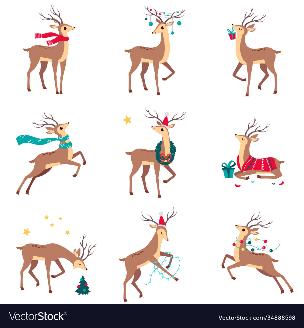 Beautiful christmas deers set merry xmas and new Vector Image