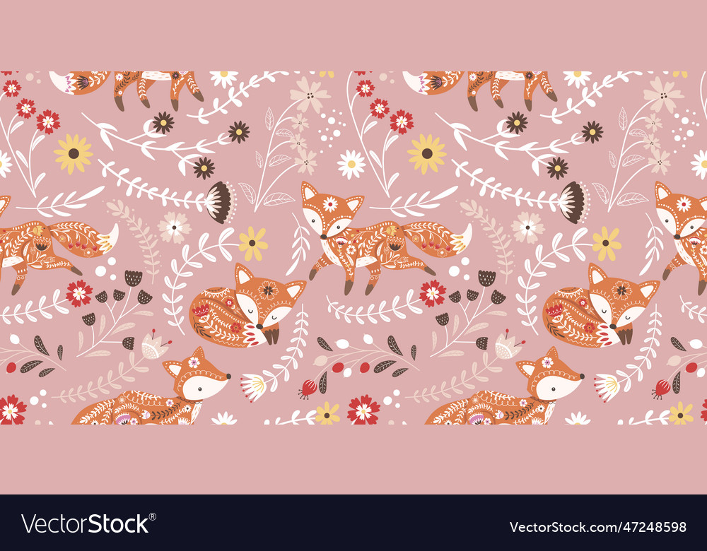 Beautiful folk fox seamless pattern