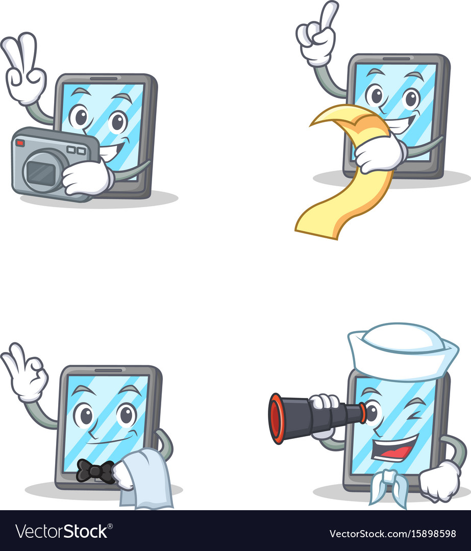 Set of tablet character with menu waiter binocular