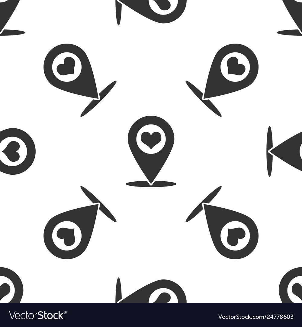 Grey map pointer with heart icon isolated seamless