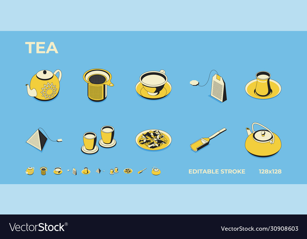 Icons tea teapots mugs tea bags highly vector image Icons tea teapots mugs tea bags highly