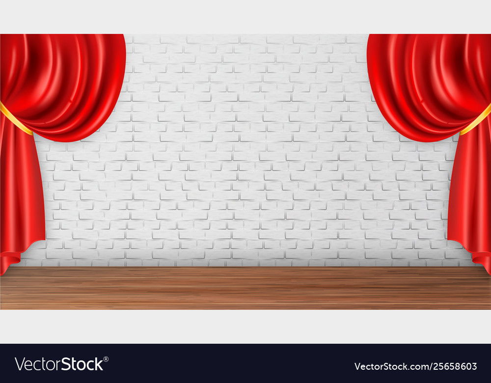 Red Curtains On White Brick Wall Background Vector Image