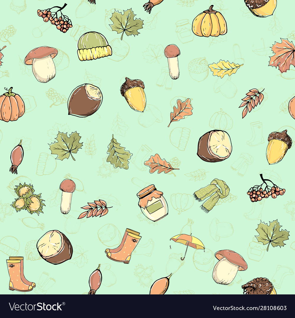 Seamless pattern with autumn objects multicolored Vector Image Seamless pattern with autumn objects multicolored