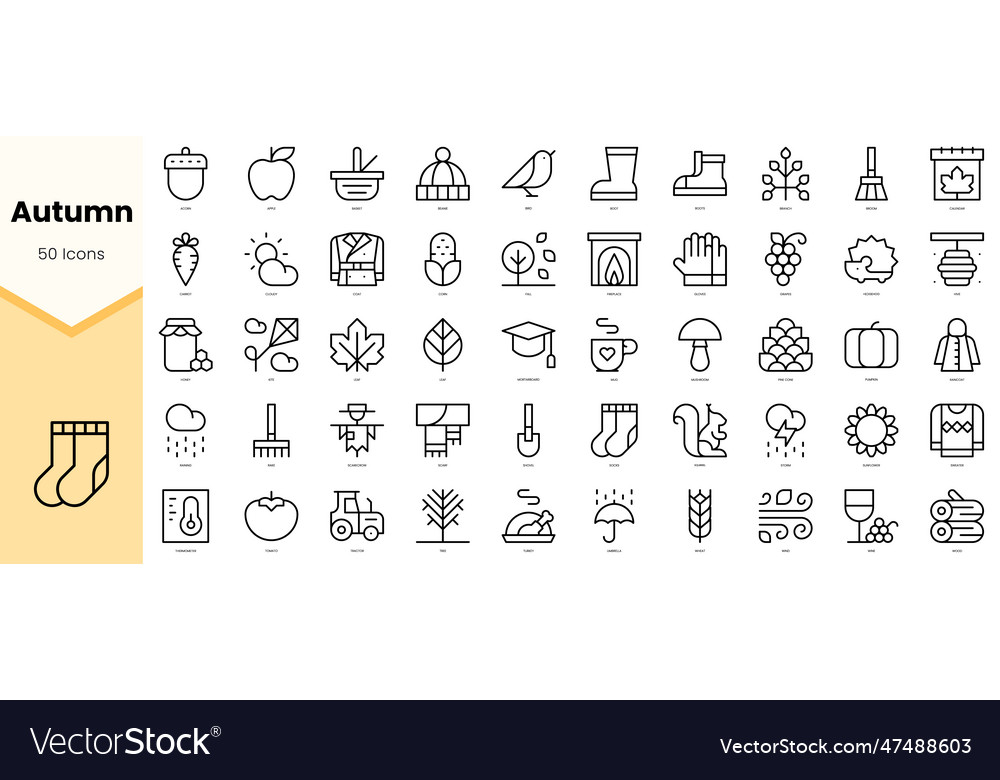 Set of autumn icons simple line art style vector image Set of autumn icons simple line art style