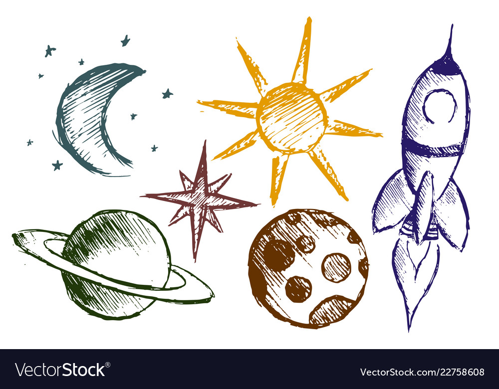 Cosmic Objects with Rocket Illustration
