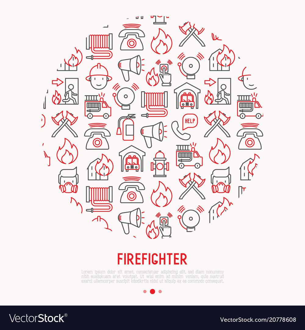 Firefighter concept in circle with thin line icons vector image Firefighter concept in circle with thin line icons
