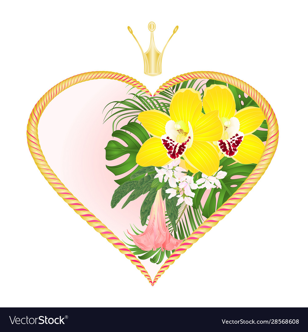 Label golden hearts with a crown and cymbidium