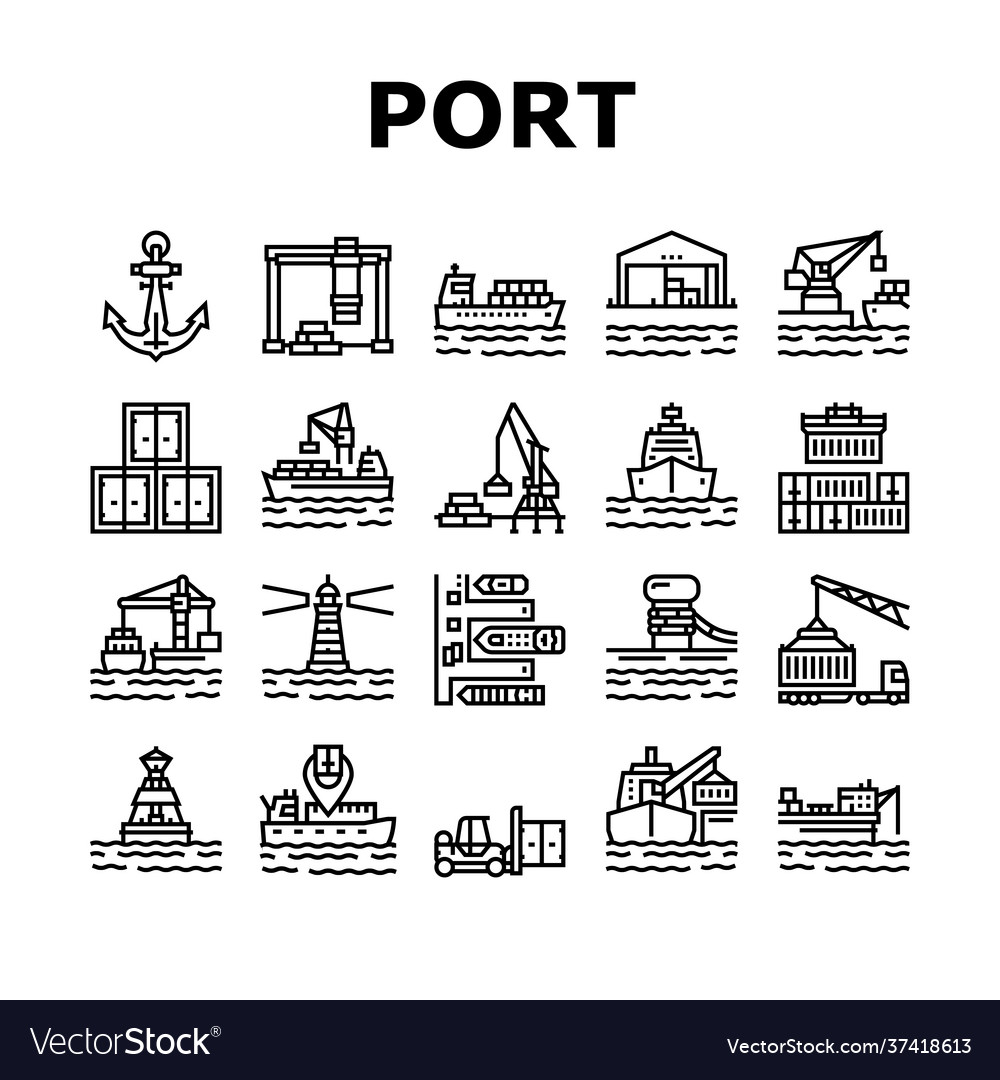 Container port tool collection icons set vector image Container port tool collection icons set