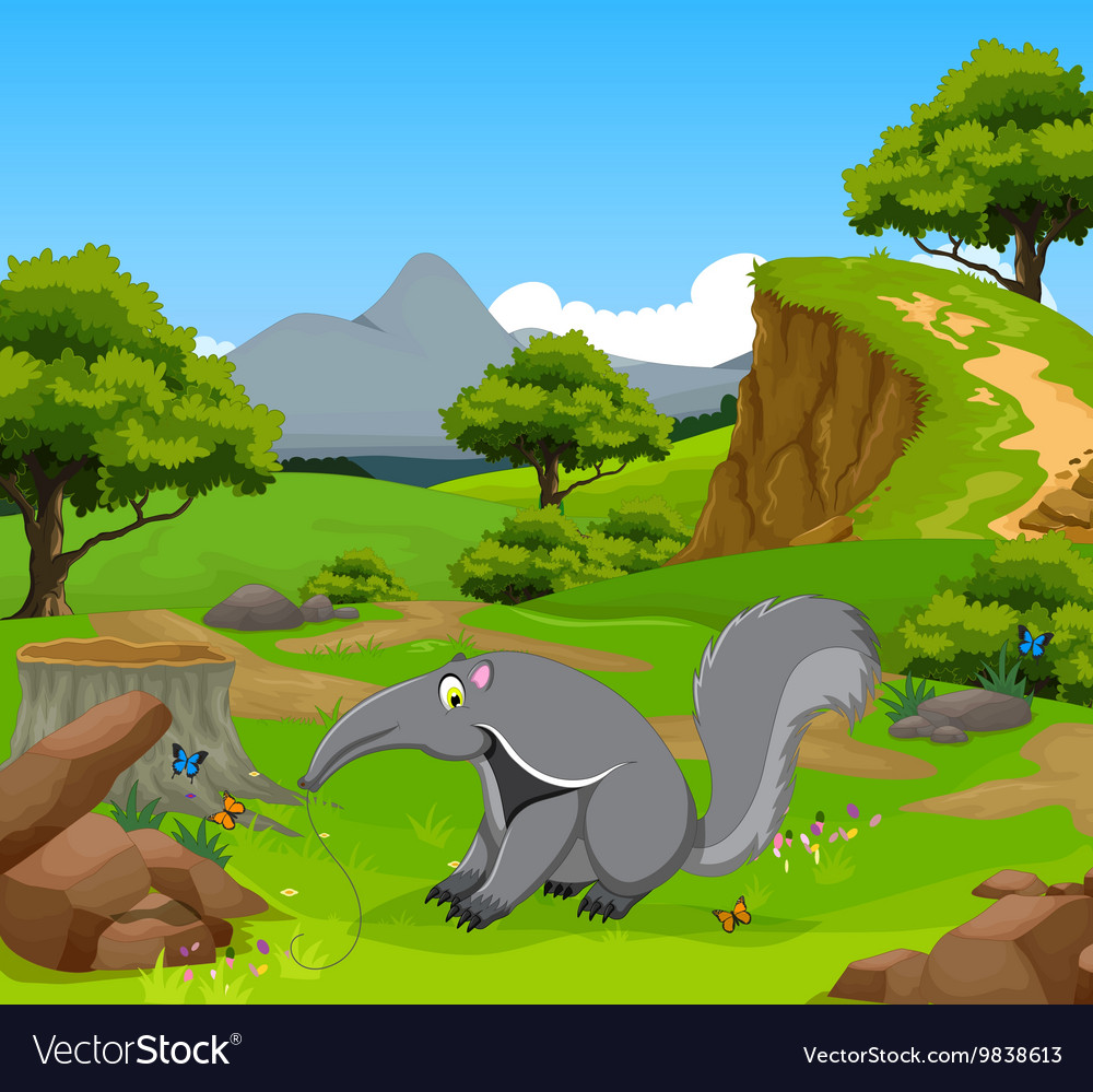 Funny anteater cartoon in the jungle