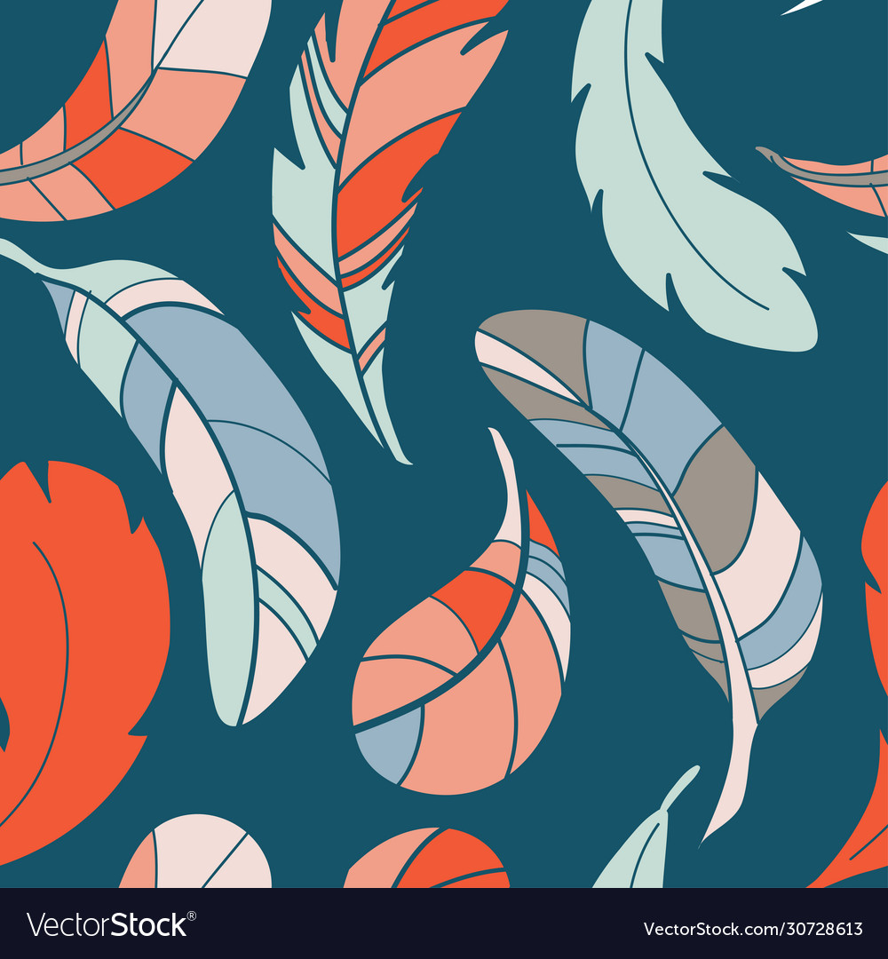 Hand drawn pattern with colorful feathers
