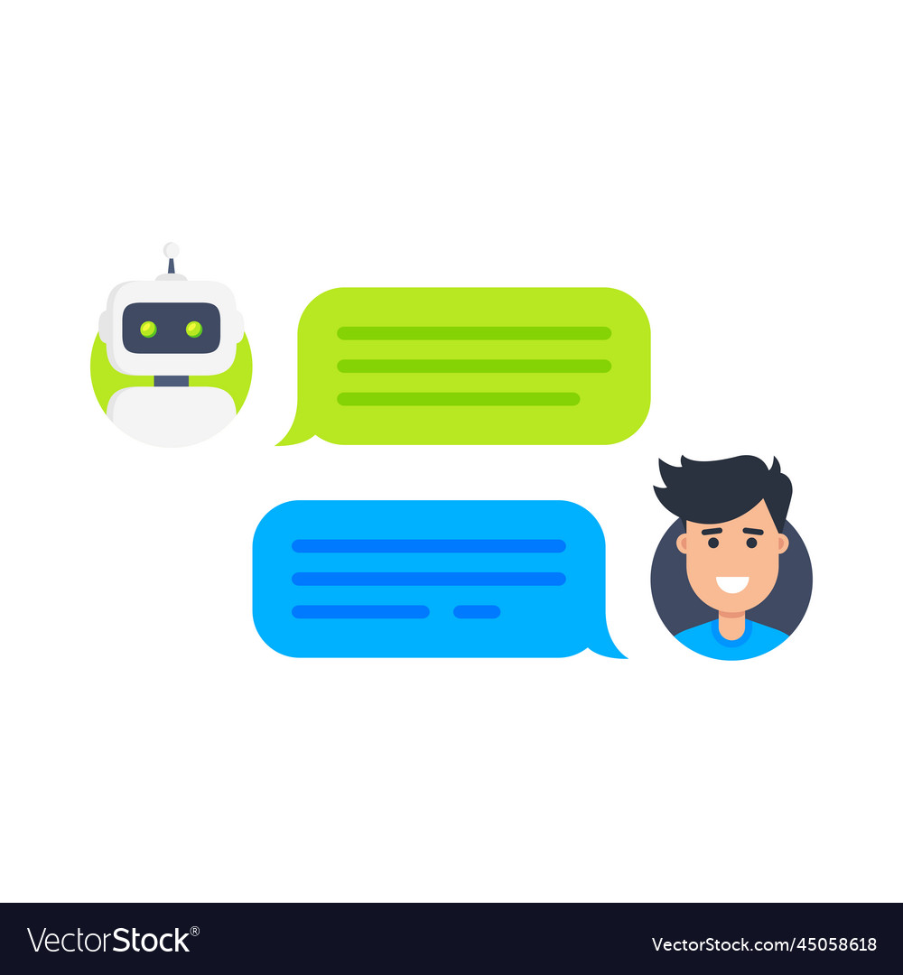 Man chatting with cute smiling robot vector image Man chatting with cute smiling robot