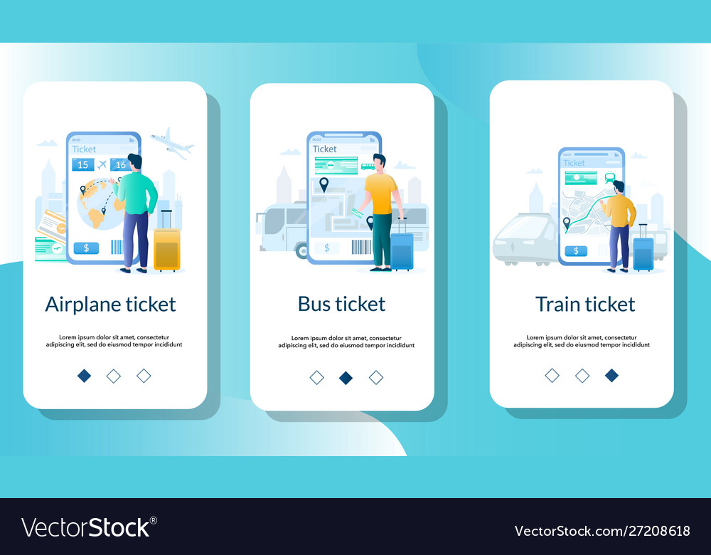 Tickets mobile app onboarding screens Royalty Free Vector