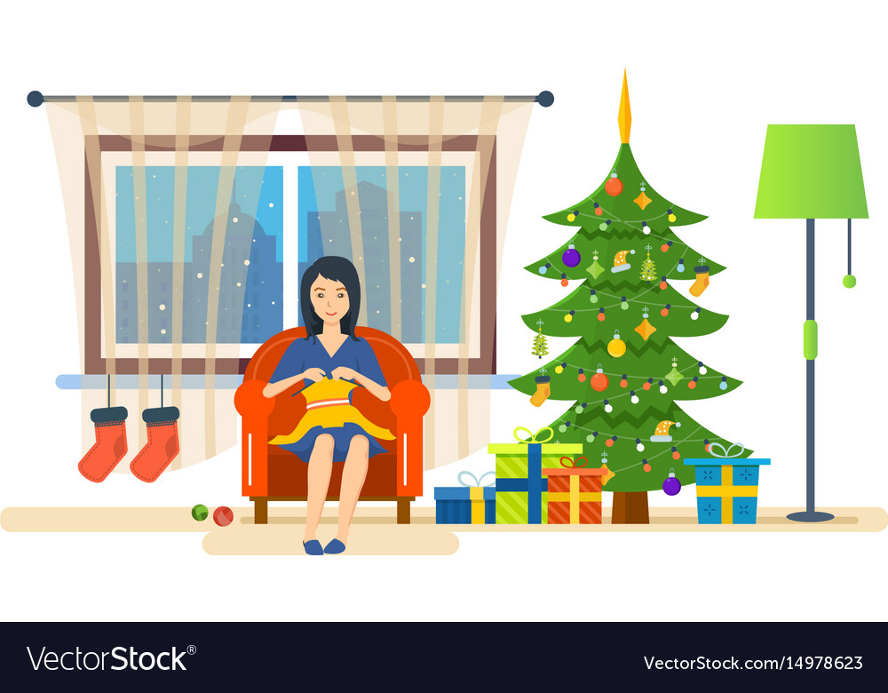 Housewife in quiet environment knits on couch Vector Image