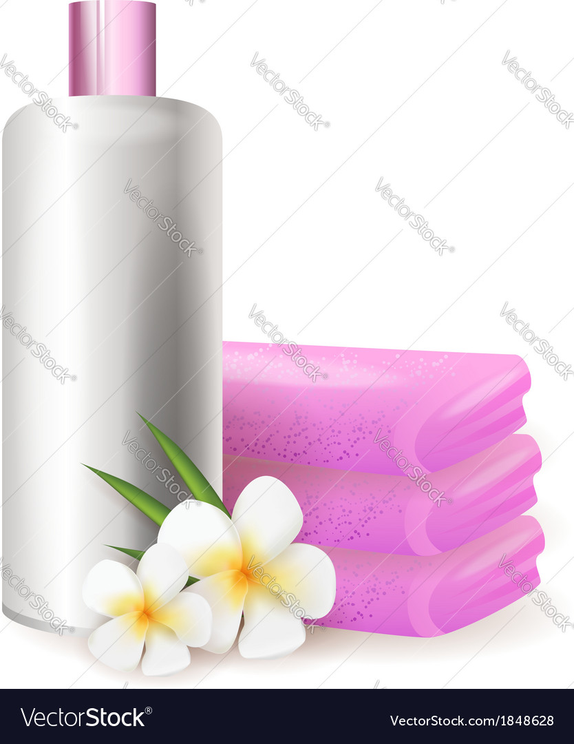 Bottle of shampoo with plumeria