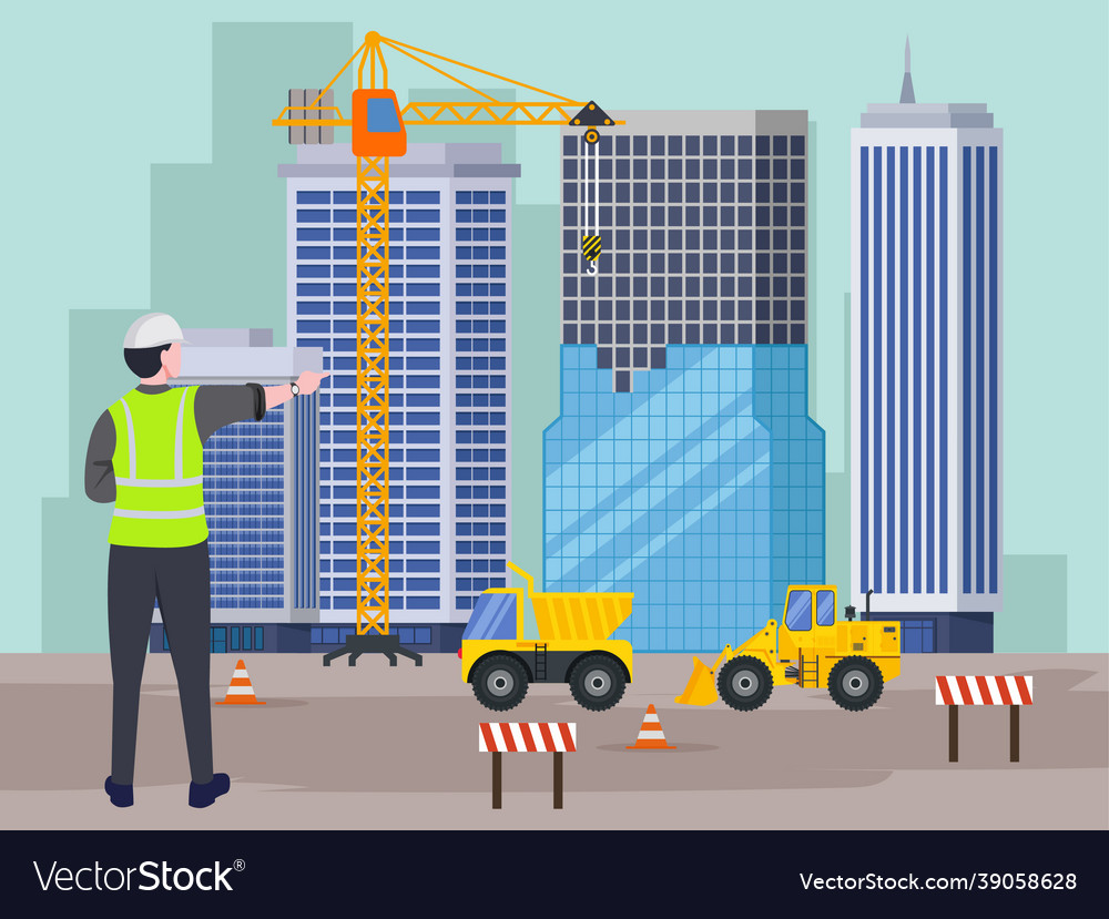 Construction worker checking project progress