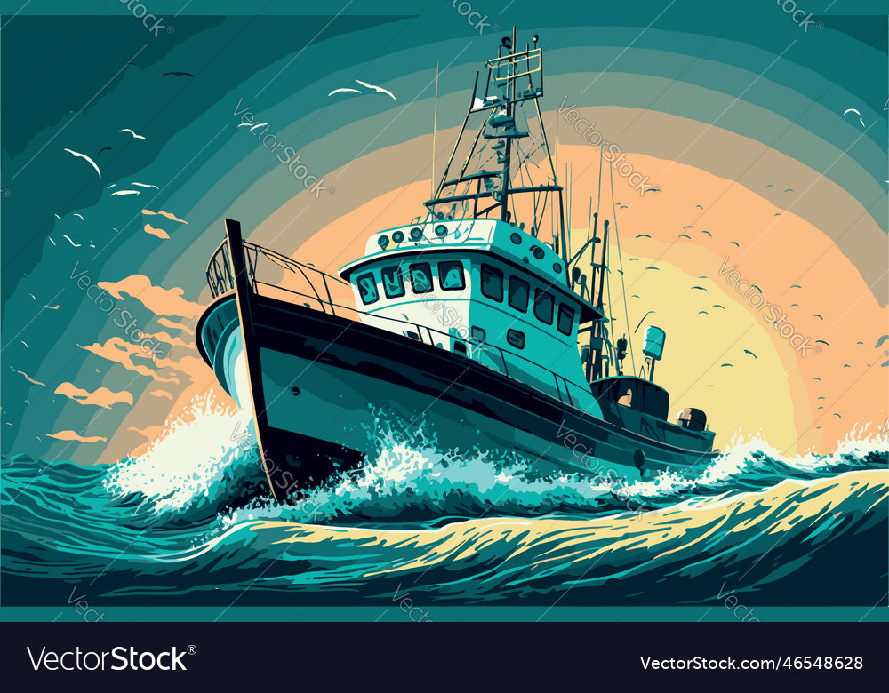 Fishing boat art of on water ship floating