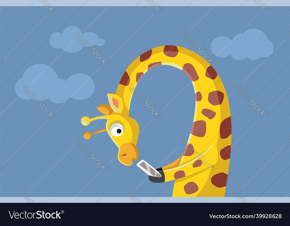 Funny giraffe slouching over the phone cartoon