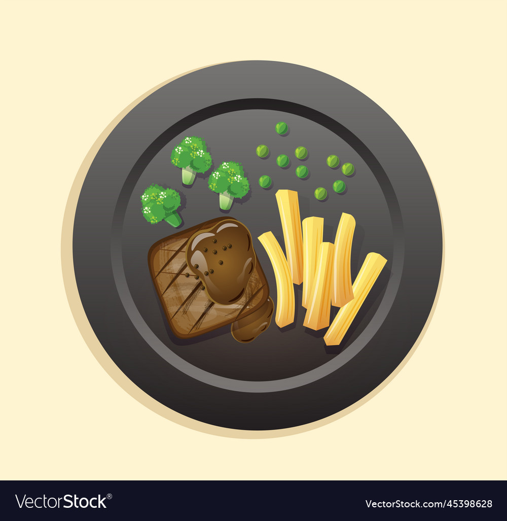 Juicy tasty steak on a black plate Royalty Free Vector Image