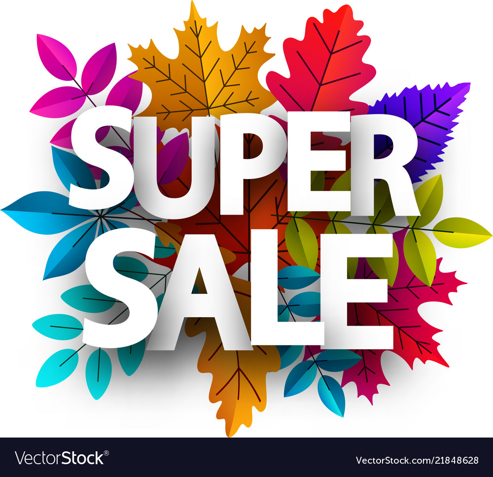 Super sale sign promo poster with color leaves