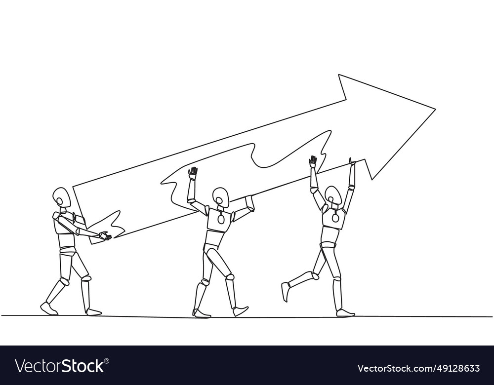 Continuous one line drawing three robots raised vector image Continuous one line drawing three robots raised