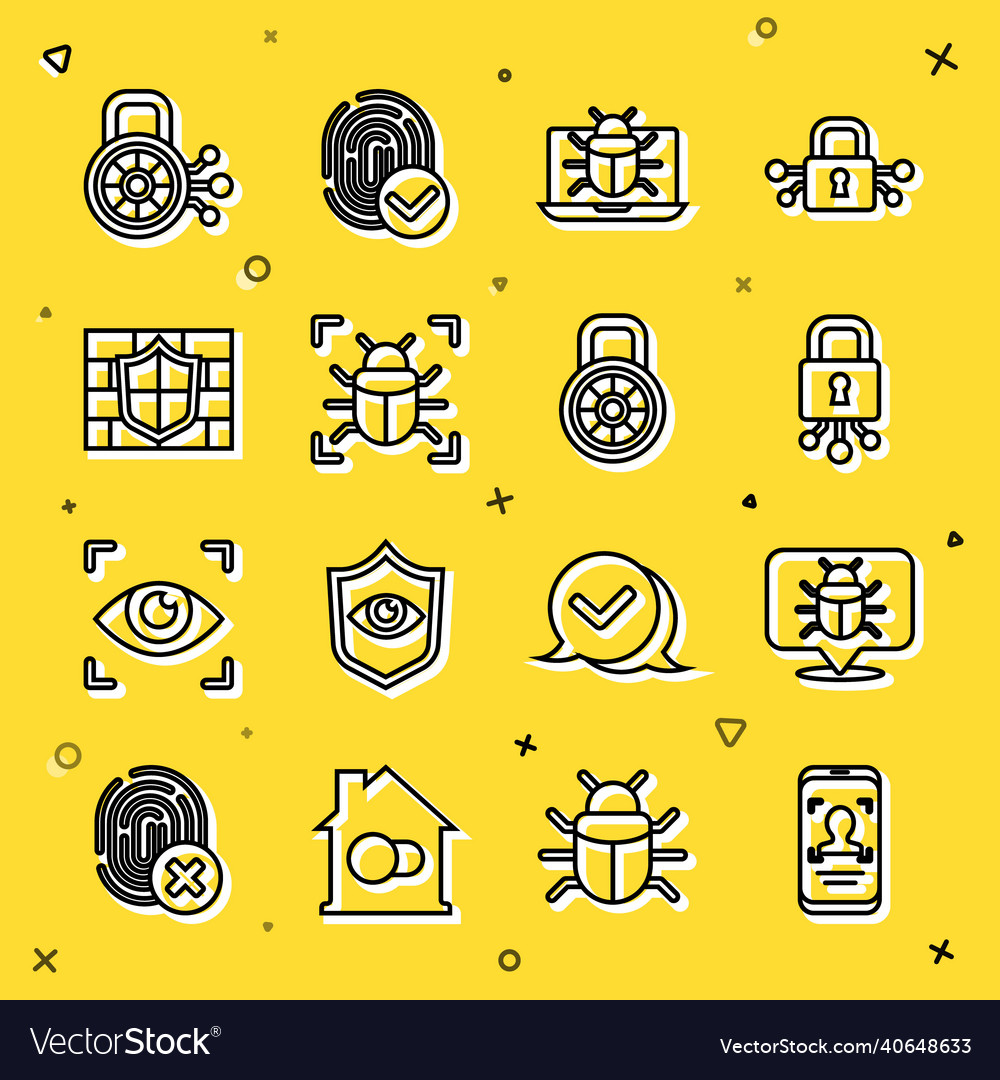 Set line mobile and face recognition system bug vector image Set line mobile and face recognition system bug