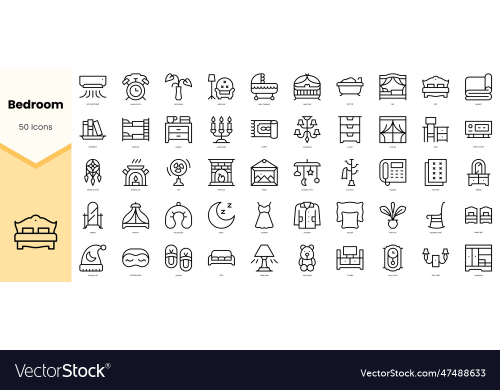 Set of bedroom icons simple line art style