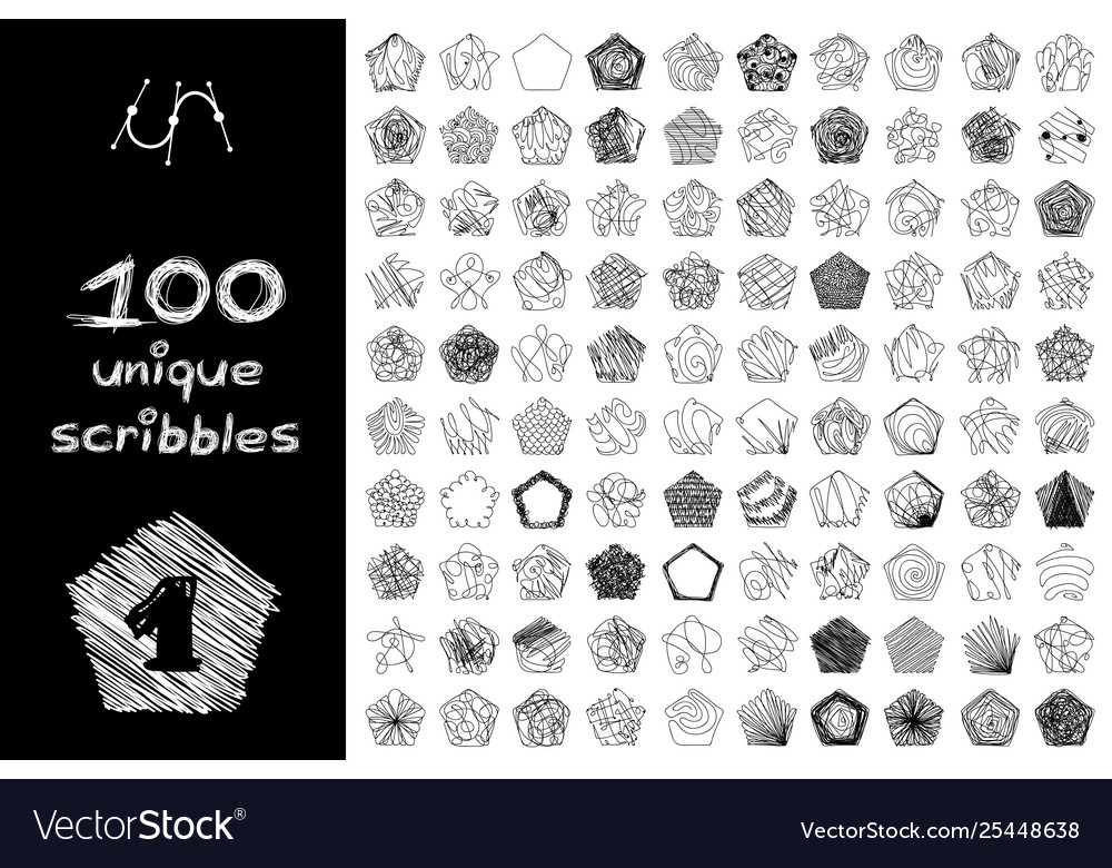 Black 100 scribbles objects set vector image Black 100 scribbles objects set