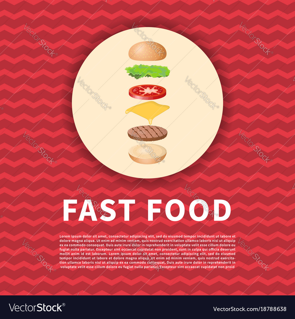 Ingredients of the burger on red poster cute